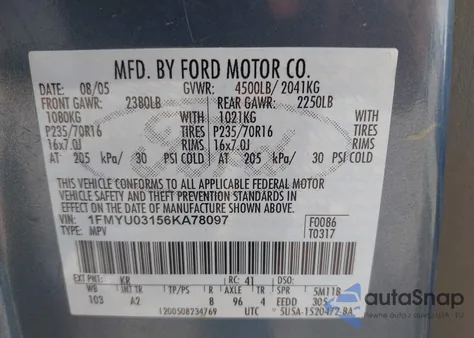 2006 Ford Escape Xlt/Xlt Sport z USA, uszkodzony, nr VIN 1FMYU03156KA78097